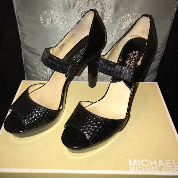 Black Patent Leather MK Platform Sandals - Picture 1 of 6